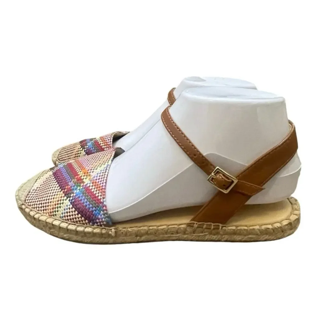 Talbots Espadrilles 7 1/2 IZZY D'ORSAY Closed Toe Ankle Strap Woven Madras Flats